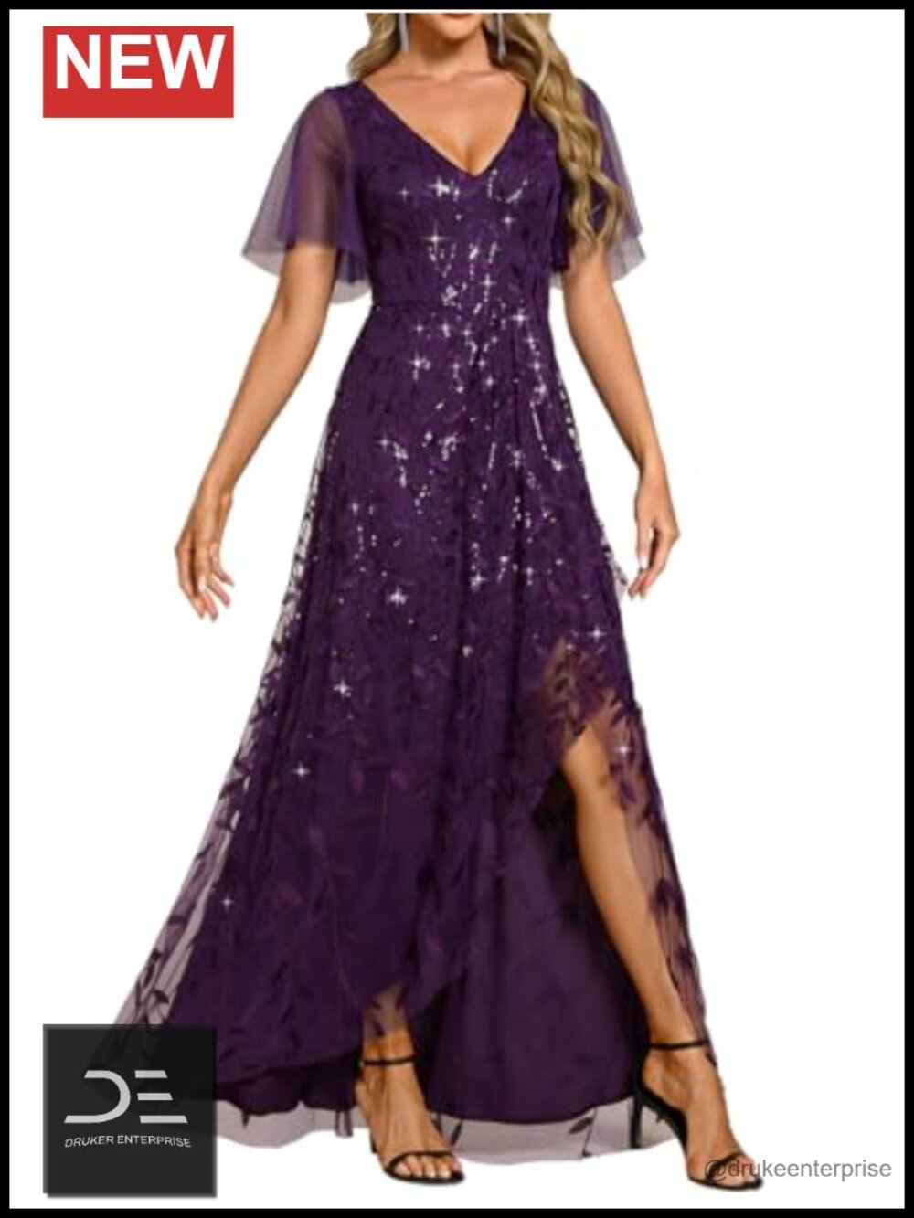 Women's Shimmery Formal Dress V Neck Sequins A-Line Side Slit Long Evening Dress